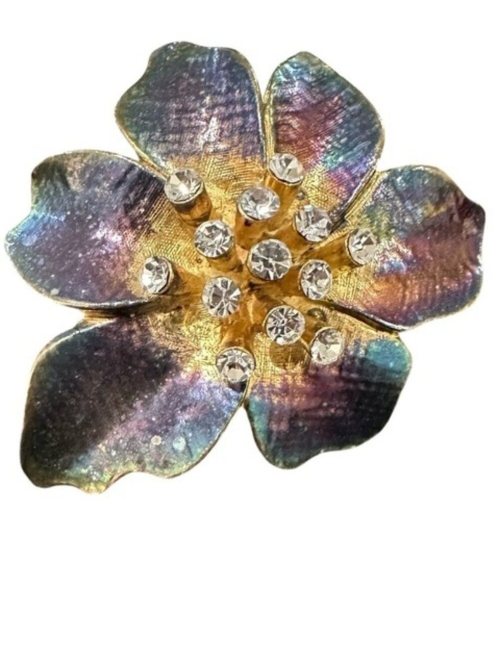 Vintage Multicolor Flower Brooch With Rhinestone Accents Gold Tone Finish